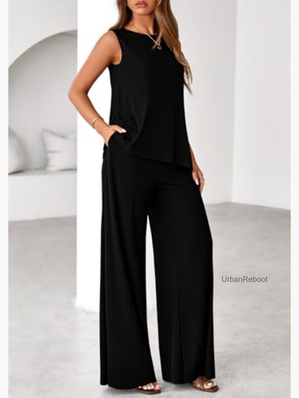 Two Piece Lounge Set Asymmetrical Tank Wide Leg Pants Summer - Picture 5 of 7
